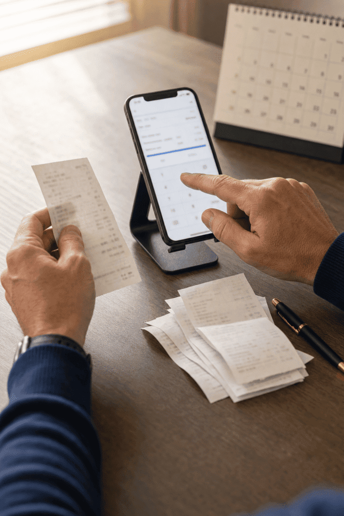 Close up of hands entering details into a mobile phone app from a stack of receipts.