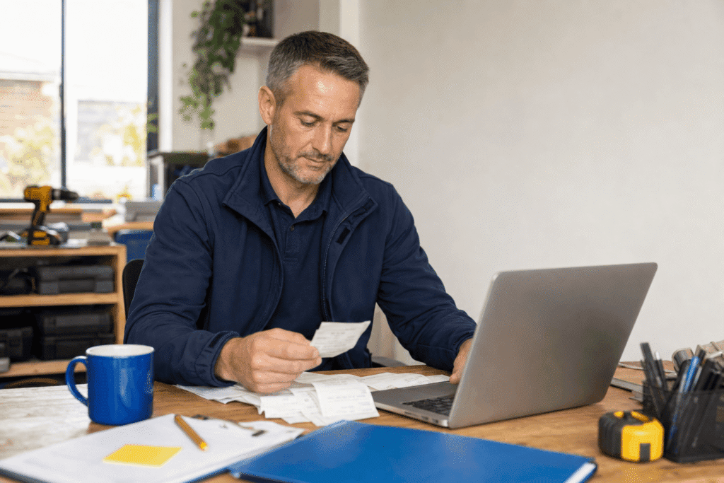 sole trader completing their tax returns with receipts on a desk crowded with measuring tapes, pencils, and documents