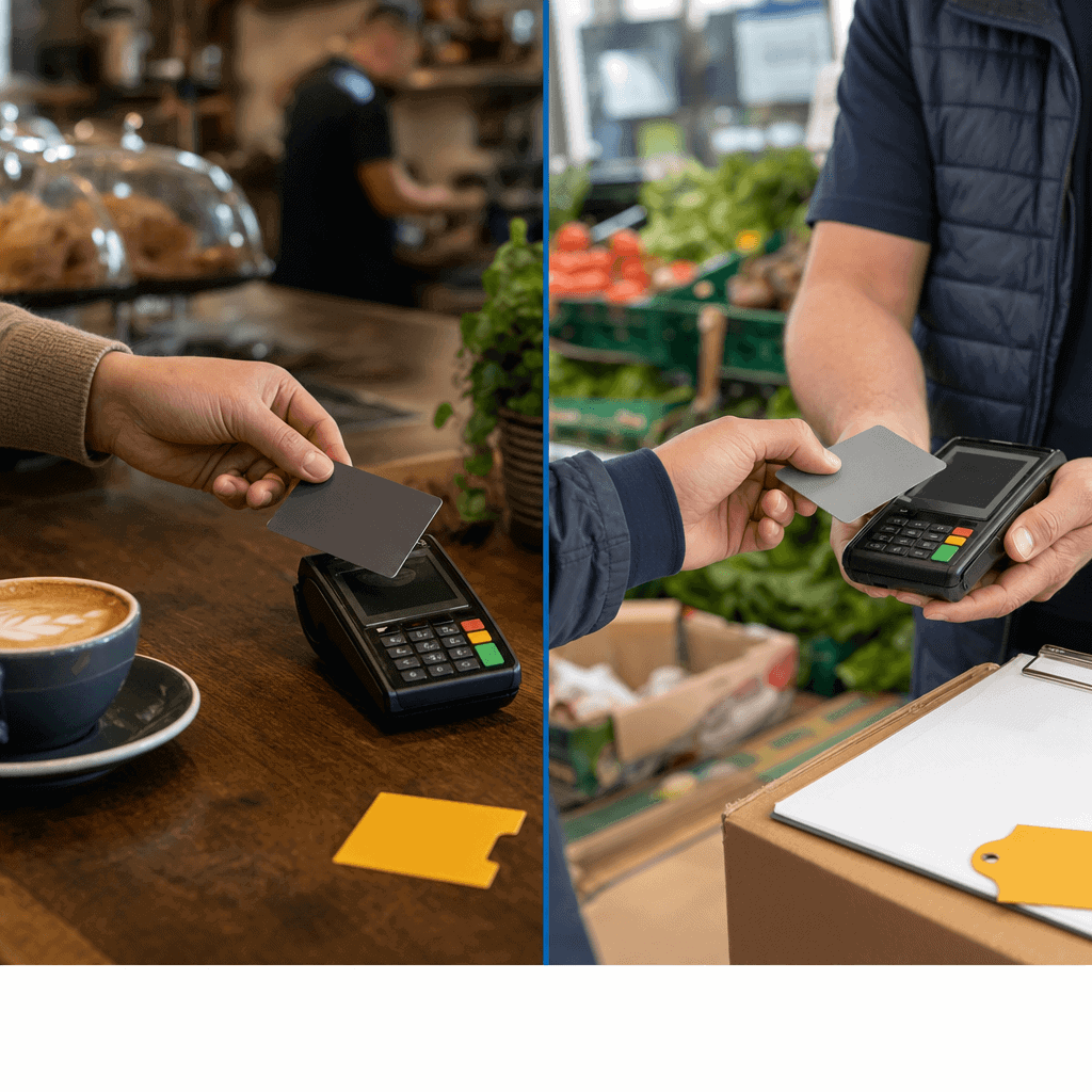 Two panels, the left shows a customer paying for coffee using a card machine; the right showing a customer buying a box of produce in a greengrocers shop, paying by card.